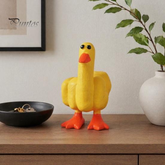 Lustige kleine gelbe Entenstatue Mittelfinger Harzfigur, Handbemalte freche Statue, Wetterfestes Innenornament Außendekoration für Schreibtisch Eingangsbereich