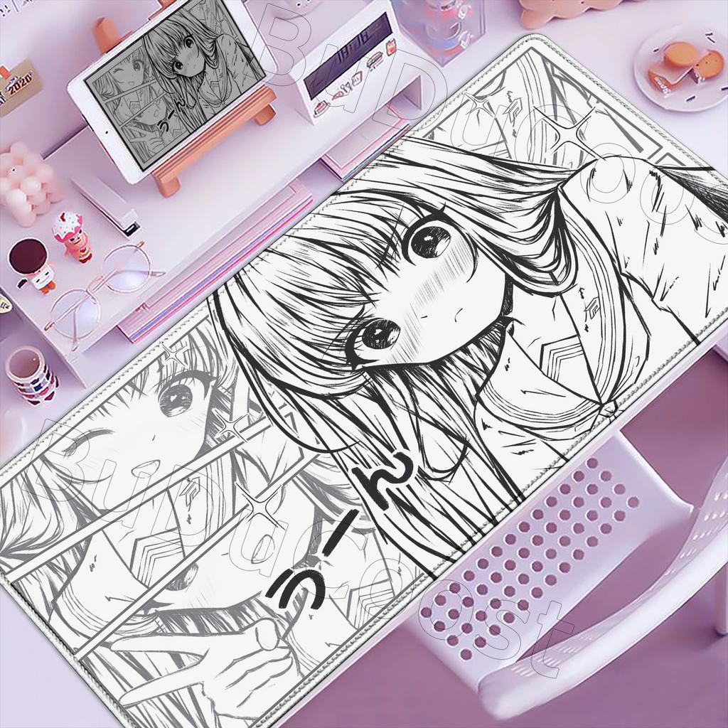 Kawaii Black & White Anime Girl Table Mat Large Mouse Pad Office Keyboard Lock Edge Desk Mat Gamer Accessories Non-slip Mousepad