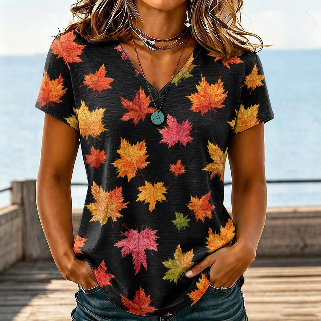 Womens Casual V Neck T Shirt Short Sleeve Floral Print Top Lightweight Comfortable Soft Fabric Blouse for Everyday Wear