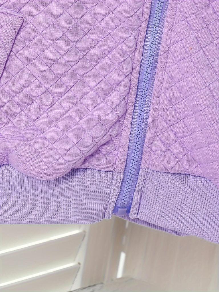Girls' purple smiley face quilted baseball jacket, diamond stitching zip-up style, iridescent long sleeves with decorative fake pockets