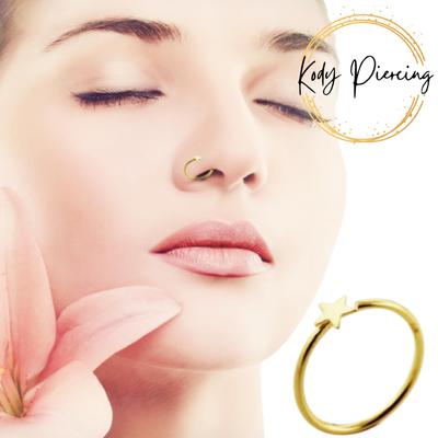 KODY PIERCING 14K Solid Gold Open Nose Ring Piercing With Star - Quality Piercing