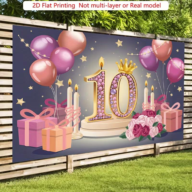 2D Rosa Gold 10. Geburtstag Kulisse mit Kerzen, Rosen & Geschenkboxen Party Banner