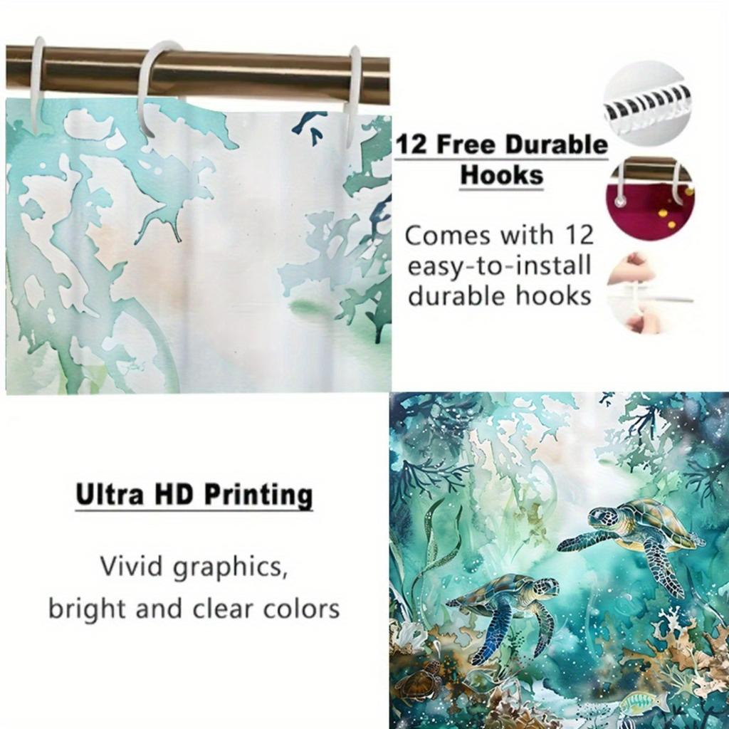 Sea Turtles Swimming In Water Artistic Bathroom Shower Curtain - Premium Polyester, No-Drill Hooks, Ultra-Wide Circular Design,