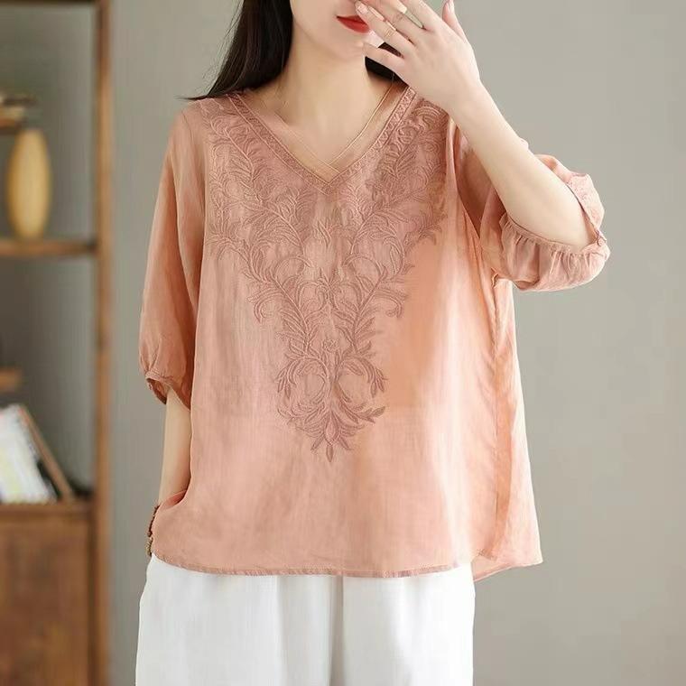 Solid Color Cotton and Linen Mid-sleeved Shirt Women's Summer V-neck Heavy Industry Embroidery Casual All-match Thin Cotton and Linen Shirt