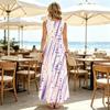 White Base Purple Pink Diagonal Brush Stripe Polka Dot Print Sleeveless Round Neck Maxi Dress, Loose Flowy Beach Vacation Long Dress For Women