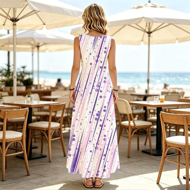 White Base Purple Pink Diagonal Brush Stripe Polka Dot Print Sleeveless Round Neck Maxi Dress, Loose Flowy Beach Vacation Long Dress For Women