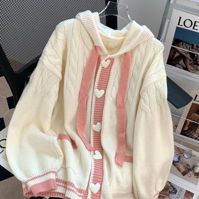 Jmprs Cute Sweet Cardigan Sweaters Women Lazy Wind White Knitted Coats Long Sleeve Loose Female Japan Kawaii Elegant Hooded Tops