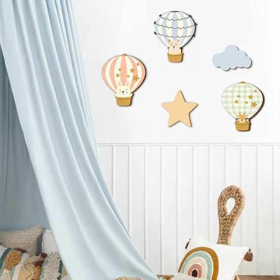 5 Pcs Star Cloud Hot Air Balloon Nursery Decor Boho Wooden Wall Hanging Sign for Bedroom Classroom Playroom Baby Shower Decoration
