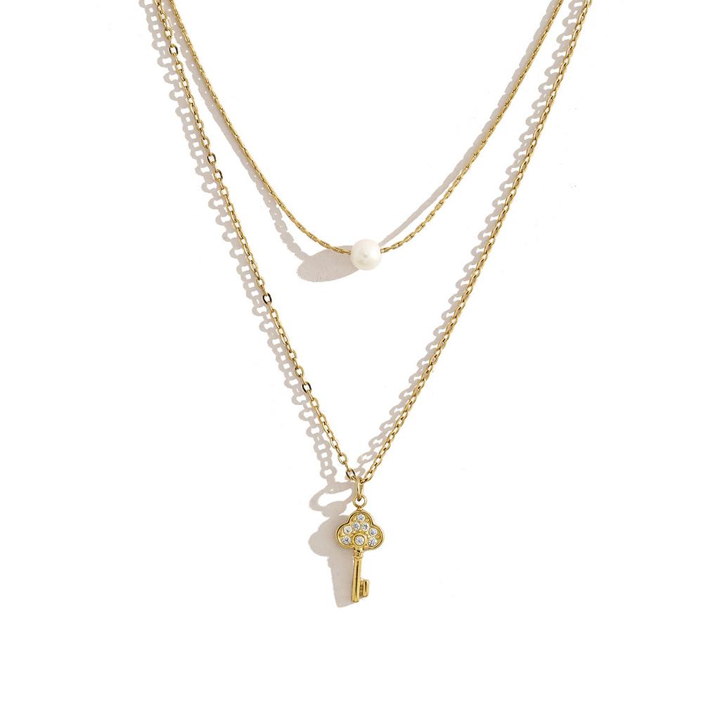 18K Gold Plated CZ Zircon Pearl Layered Necklace for Women Stainless Steel Key Charm Clover Pendant Jewelry Gift Custom`