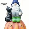 Holiday Gift for Her Halloween Gnome Outdoor Garden Statue, Resin On Pumpkin Figurine with Cute Black Cat Cat, Fall Autumn Dwarf Sculpture Porch Yard