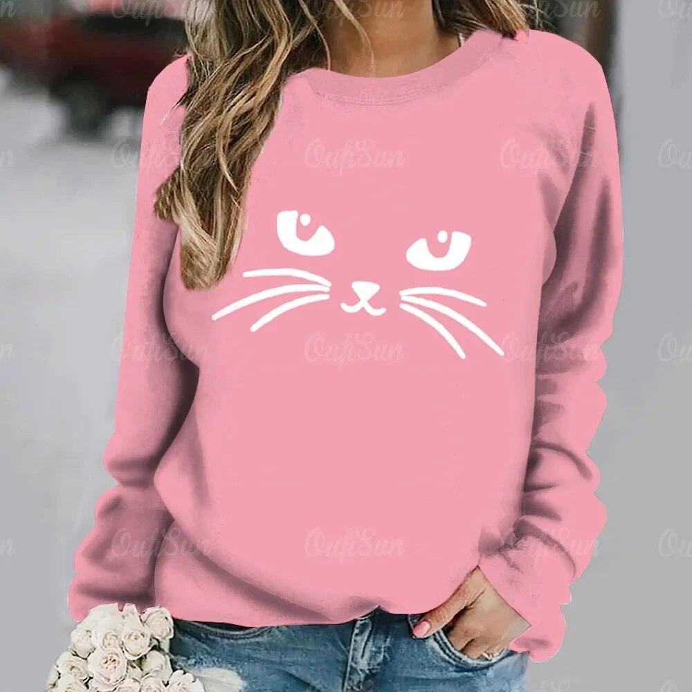 Dámské tričko Anime Kočičí potisk Topy s dlouhým rukávem Vintage svetr Bavlna s výstřihem do tvaru Y2k Dámské oblečení Oversized Street Pullover