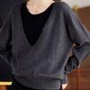 Top for Women Autumn Winter Large Size Loose Long Sleeve Faux Two-piece Versatile V-Neck Pullover Top