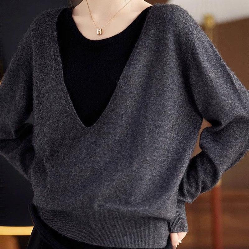 Top for Women Autumn Winter Large Size Loose Long Sleeve Faux Two-piece Versatile V-Neck Pullover Top