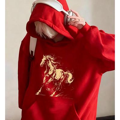 Herren Kapuzenpullover Rot - Jahr des Pferdes 2026 - Winter Samt Oberbekleidung Trend