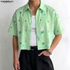 INCERUN Oversized Men Turn-down Collar Dropped Shoulder Button Up Print Casual Cropped Shirts