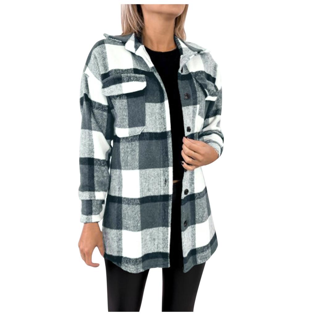 Women's Brushed Plaid Shirts Long Sleeve Flannel Lapel Button Down Pocketed Shacket Jacket Coats