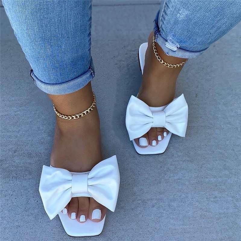 Fashion Women's Slippers Pink Leather Flat Slippers for Women Summer Square Toe Bow Sandals Woman Slides Outdoor Non-slip Beach Slippers