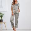 Women's Silk Solid Color Pajama Set Short Sleeve Shirt And Long Pajama Pants Set Soft Pajamas Loungewear