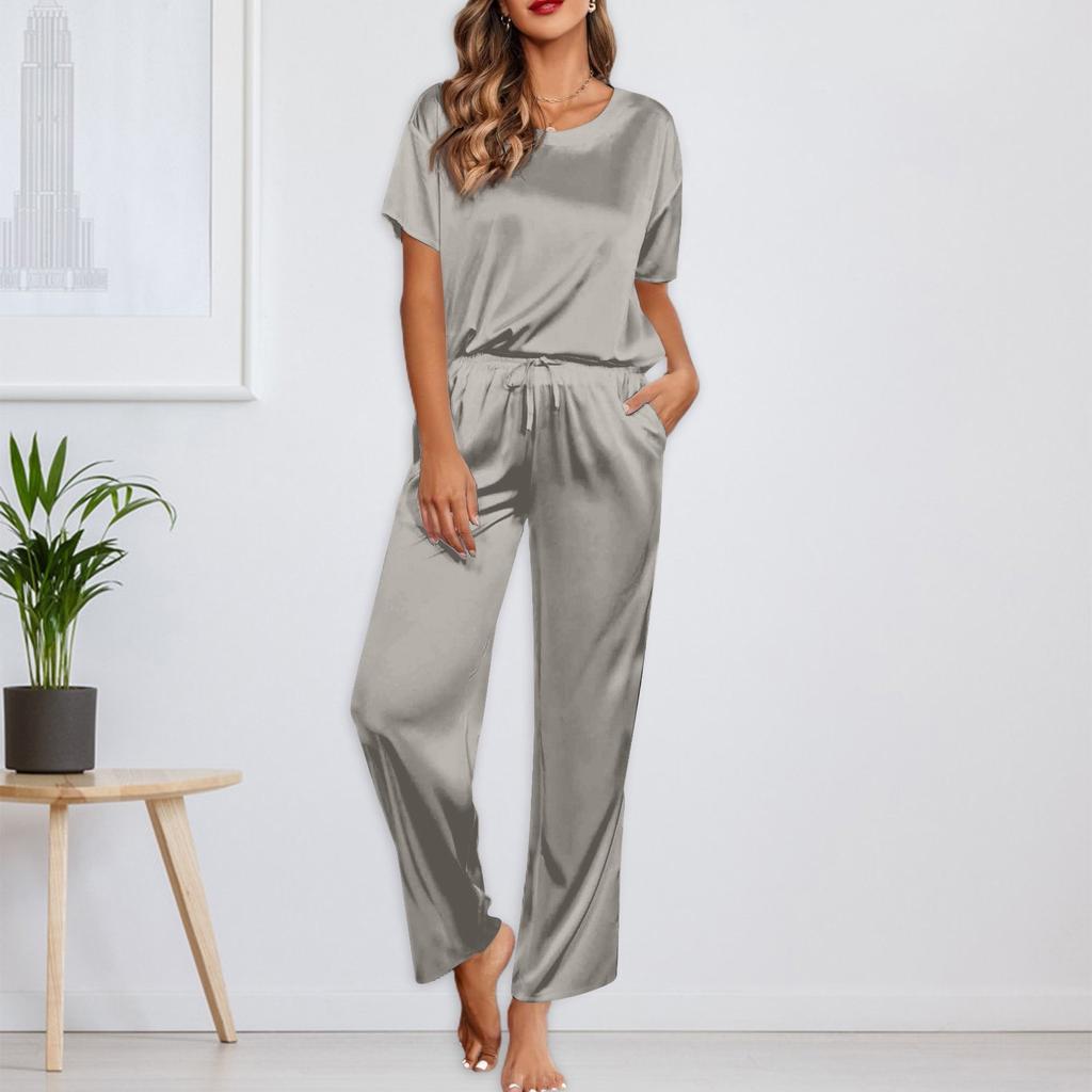 Women's Silk Solid Color Pajama Set Short Sleeve Shirt And Long Pajama Pants Set Soft Pajamas Loungewear