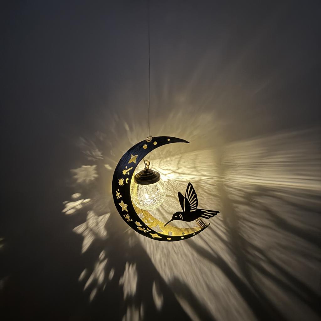 Solar-powered Moon-shaped Lantern with Hummingbird and Glass Ball Decorations, Suitable for Outdoor Garden and Patio Decorations