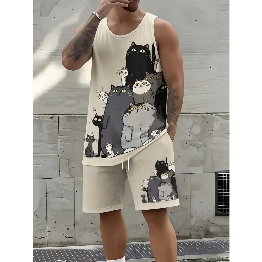 Summer New Men's Casual Fashion Simple Printed Vest and Shorts Set, Simple and Breathable