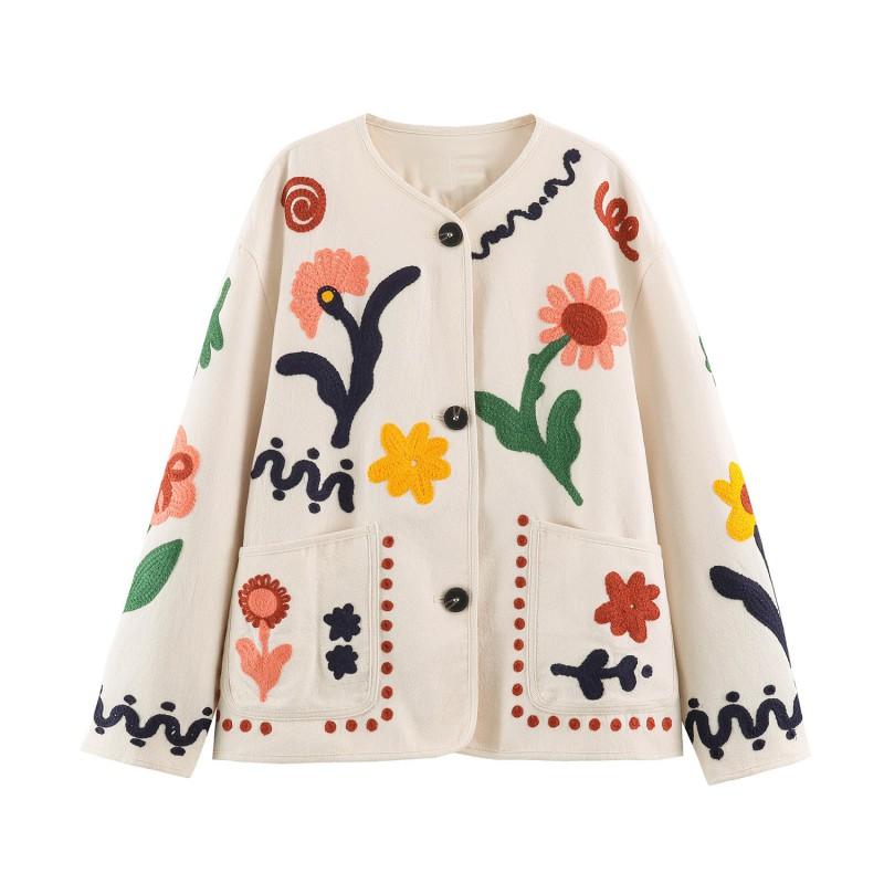 Womens Oversized Floral Embroidery Jacket 2026 Chic Boho Style Lightweight Outerwear In Apricot