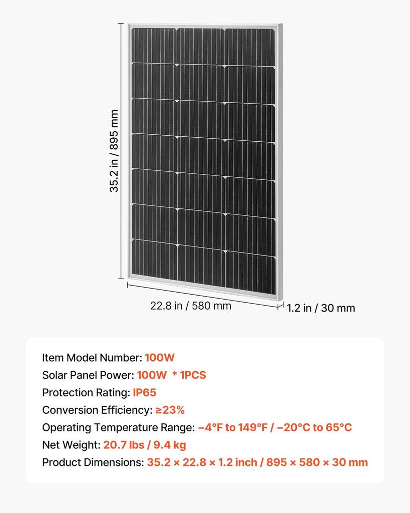 100W Monocrystalline Solar Panel, 23% High-Efficiency Mono PV Module with Stable MC4 Output & Aluminum Frame, IP65 Waterproof Solar Panel for Car Boat