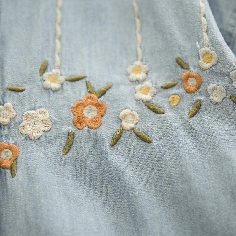 Soft Denim Shirt Flowers Vine Embroidery Romantic Blouse Mori Girl