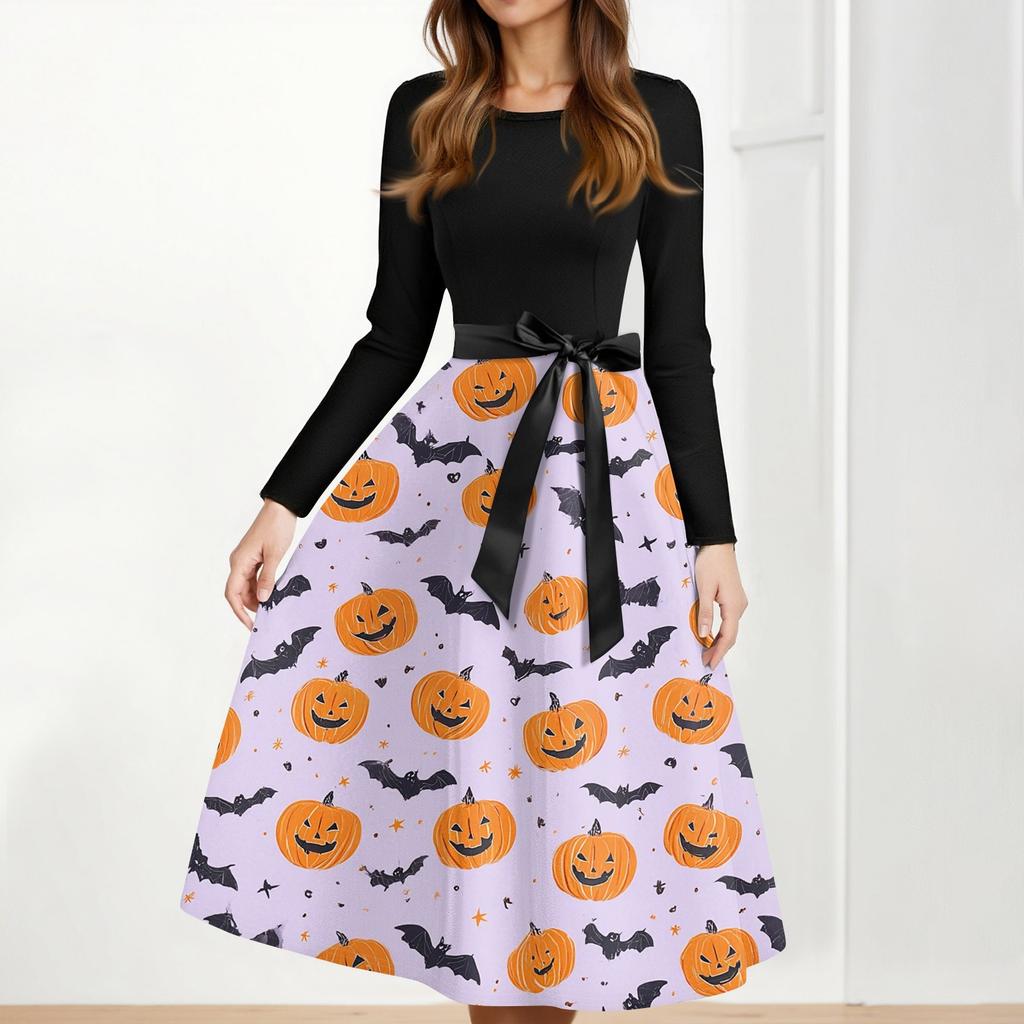 Women's Casual Fashion Halloween Printed Round Neck Vintage Dress