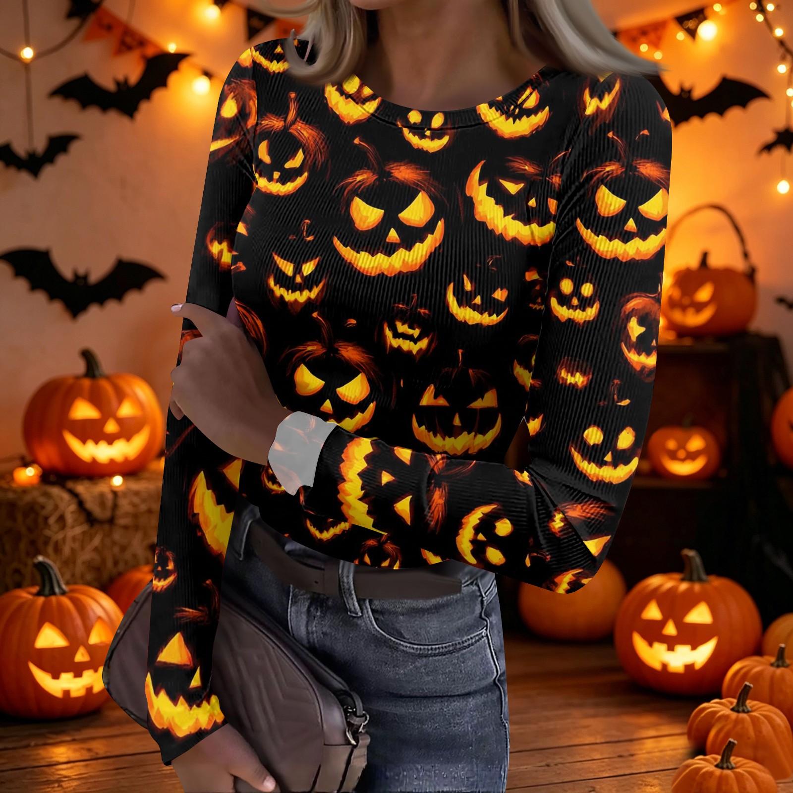 Women Casual Long Sleeve Crew Neck Ribbed Top with Halloween Pumpkin Bat Print Comfortable Fit Pullover L