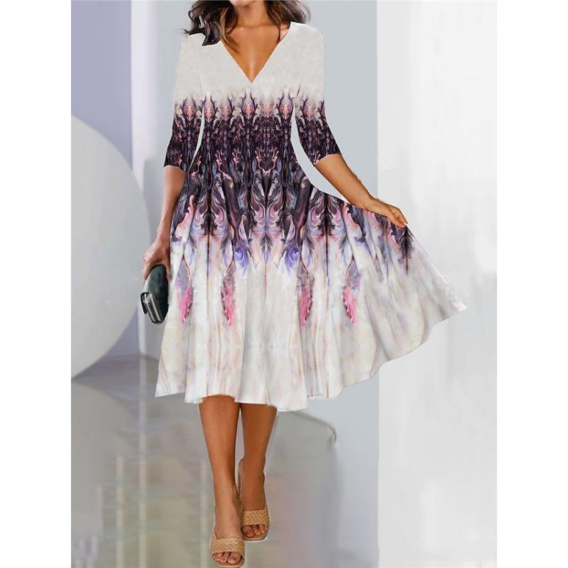 Women's Fashion Spring Fall Flower Pattern Print 3/4 Sleeves V-Neck Middle Waistline Casual Dresses