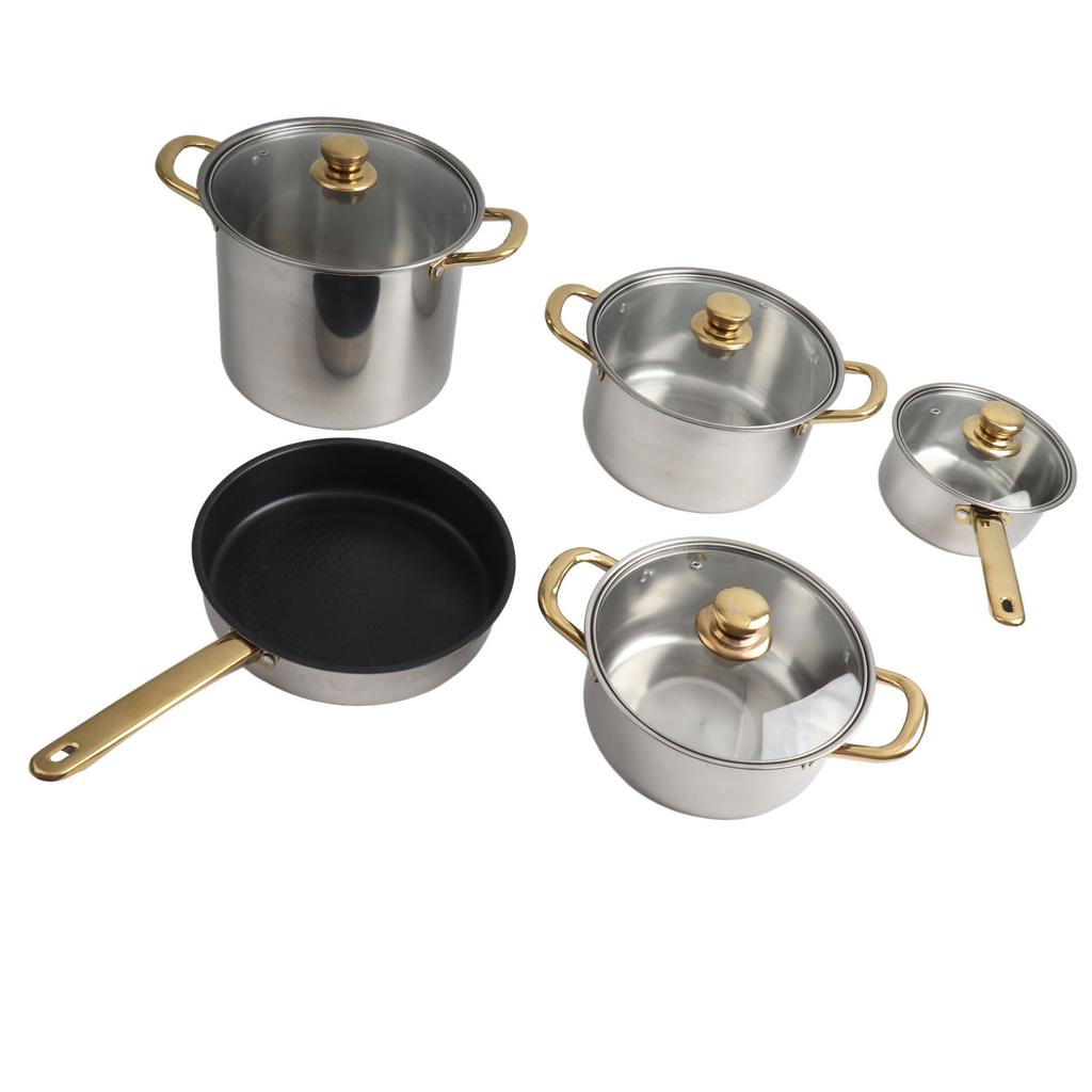 Stainless Steel Pots and Pans Set Ergonomic Golden Handle Multifunctional Cookware Set Cooking Pots