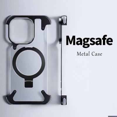 Luxury Aluminum Alloy Stand Rimless Phone Case For iPhone 15 Plus 14 13 Pro Max Magsafe Magnetic Metal Lens Shell Frosted Matte Cover