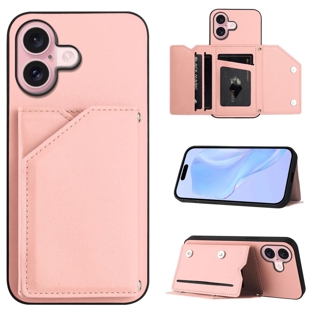 For iPhone 16 Case Card Holder Kickstand Skin-Touch Phone Cover with Wrist Strap