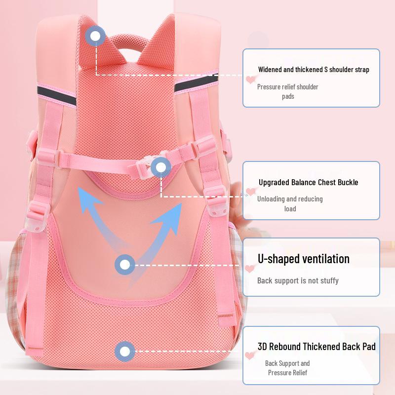 Girls' Trendy Lightweight Backpack: Spine-Protective, Double Shoulder Design for Grades 3-6
