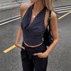 Damen Sommer Halter Neck Schalkragen Streifen Ärmellos Schlank Geschnitten Cropped Lässiges Tanktop