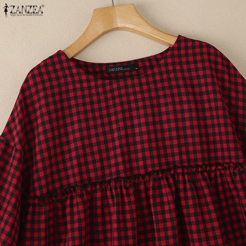 ZANZEA Women Casual Round Neck Half Sleeve Loose Plaid Print Blouse