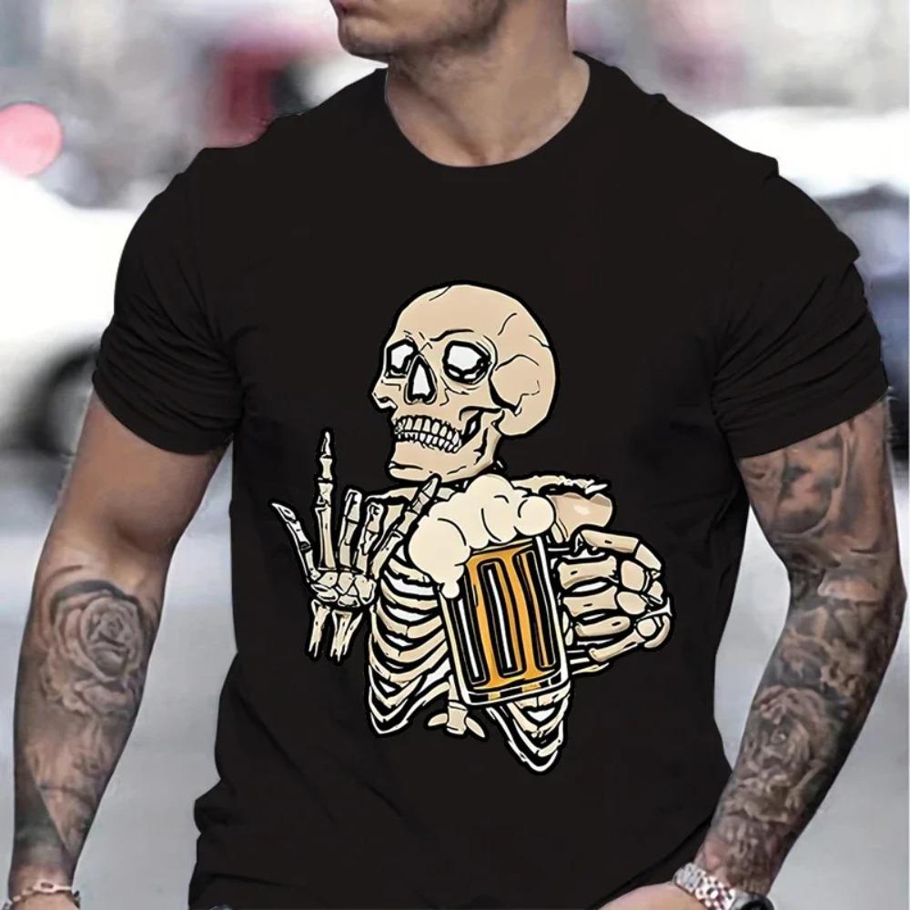 Beer Lover Gifts T-shirt Men Skull Beer Graphic Print Funny Men T-shirt Skeleton and Beers Lover Graphic Design Summer Clothes