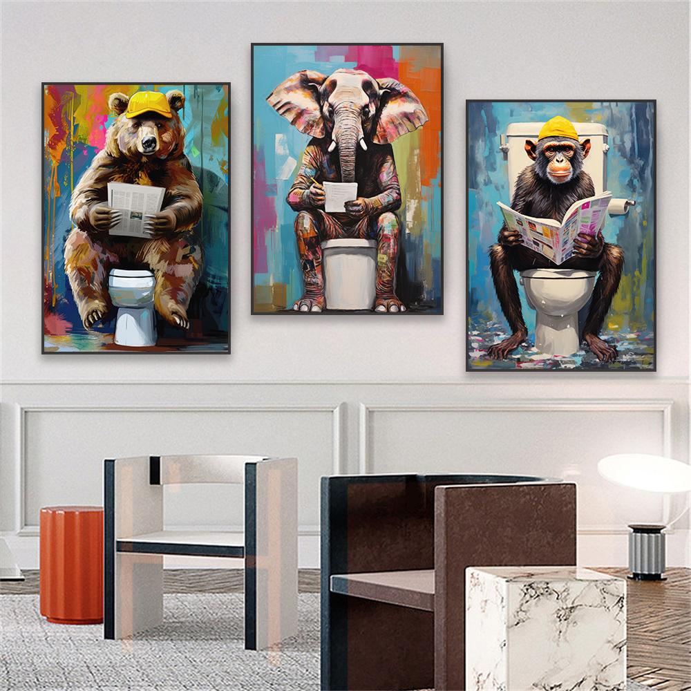 Graffiti Animal Giraffe Bathroom Poster Monkey On the Toilet Print Graffiti Pop Art Abstract Bathroom Canvas Painting Funny Art