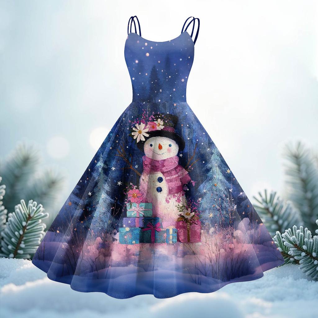 Women's Christmas Print Casual Fashion Round Neck Mid-Length Dress