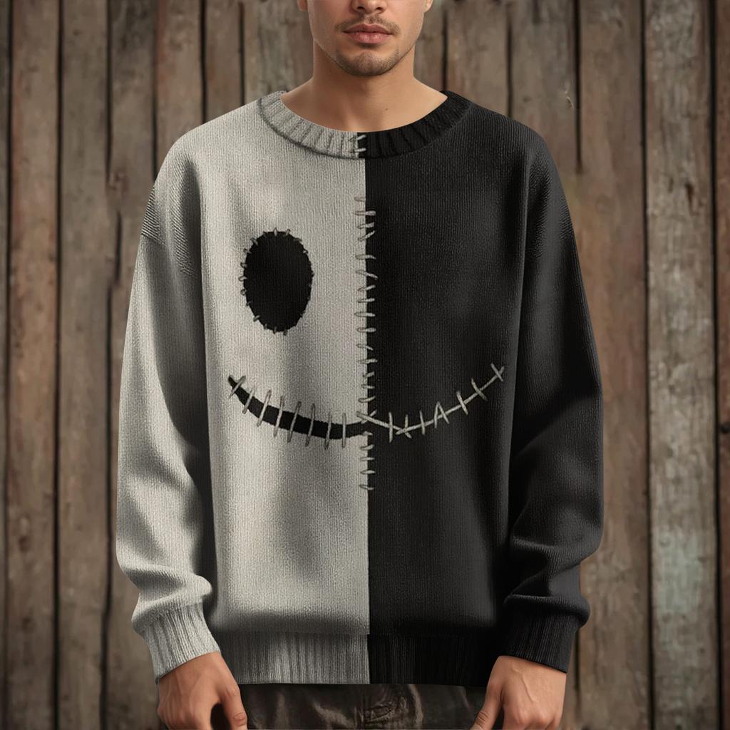 Men's Long Sleeve Pullover Sweater Casual Halloween Print Knit Oversized Sweater