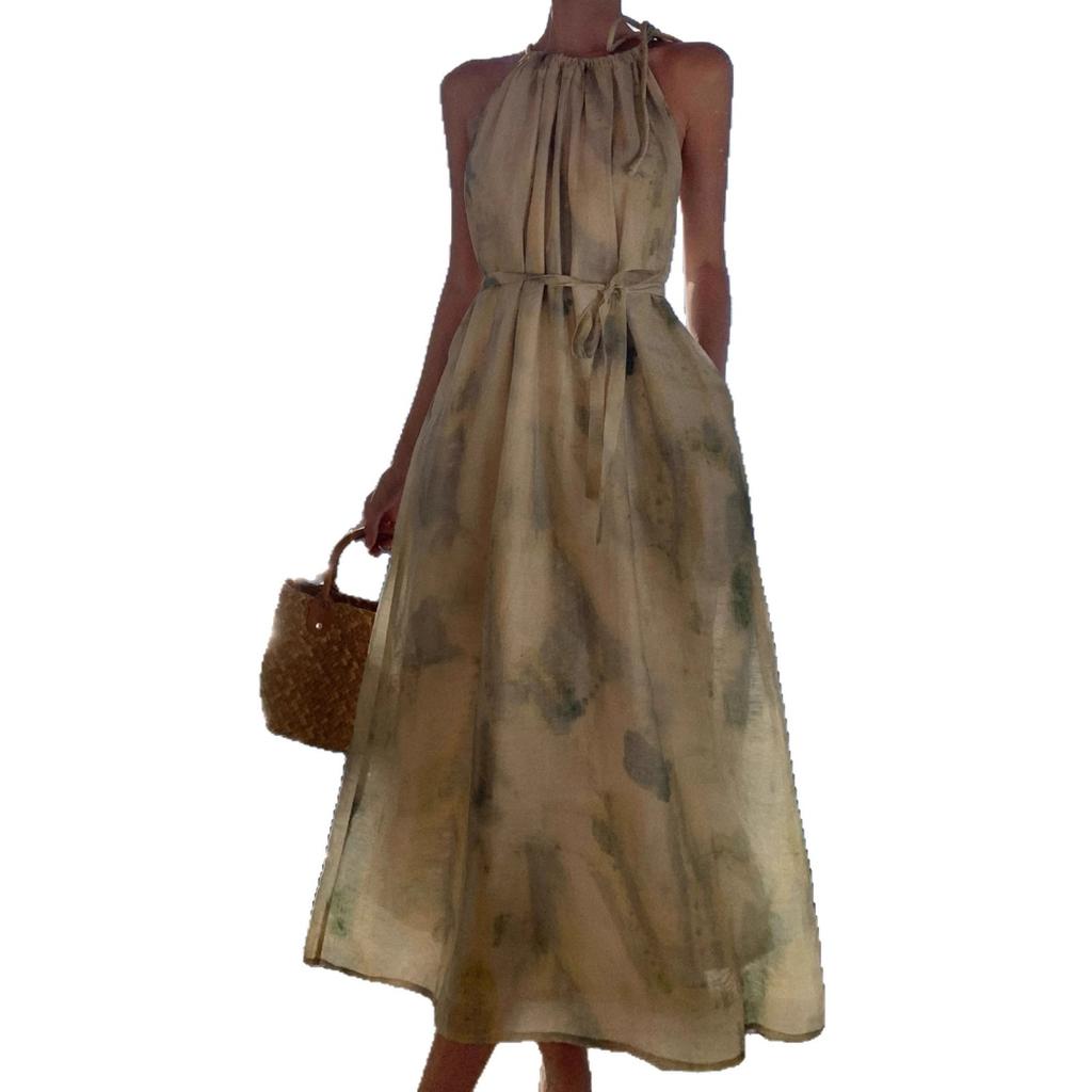 #New Chinese sleeveless smudge neck dress women's summer new lazy wind vacation dress