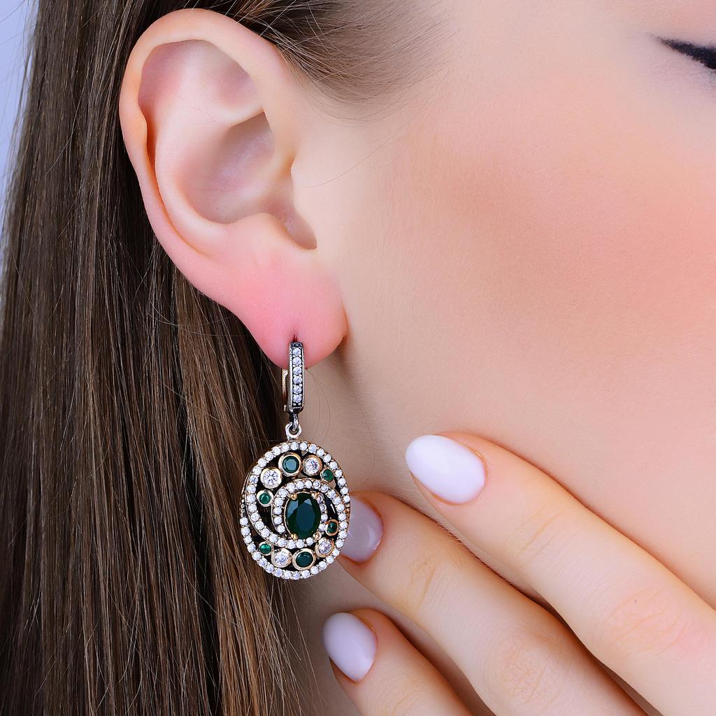 Authentisches Silberschmuckset, Smaragdsteine-Silberset, Halskette, Ohrringe und Ring-Set im osmanischen Design, einzigartiges Geschenk für Frauen