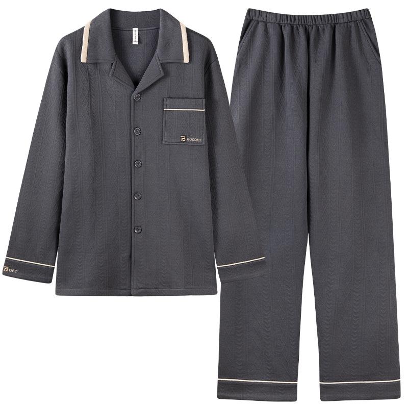 Men'S Pajamas Autumn And Winter Air Cotton Interlayer Thickened Pure Cotton Long Sleeve Warm Winter Thin Padded Loungewear Set