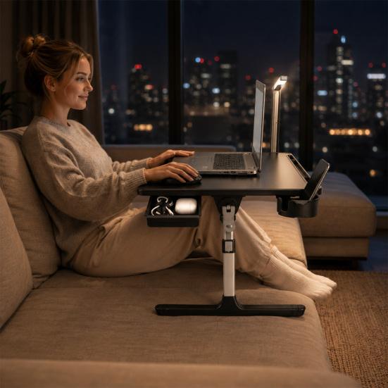 Bed Laptop Table Desk with LED, Drawer, Cup Phone Holder, Book Stand, 5 Height Computer Adjustable Foldable Lap Table, Sofa Floor Stand Tray