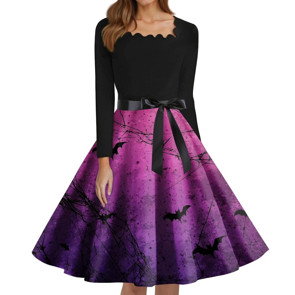 Women's Fashion Square Neck Casual Slim Halloween Printed Long Sleeve Dresses