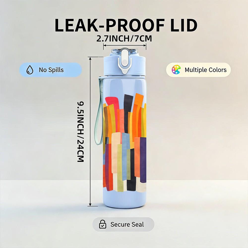 1PC Stacked Colorful Pencil Art Print 750ml Color Plastic Sports Water Bottle Leakproof Flip Straw Lid Suitable for Sports Office Home Use