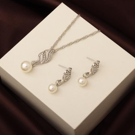 2Pcs/Set Women Jewelry Set Imitation Pearl Rhinestones Inlaid Necklace Drop Earrings Set Wedding Accessories