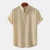 Summer 2024 Bestseller: Men's Solid Color Cotton Linen Stand Collar Short Sleeve Shirt - European & American Style