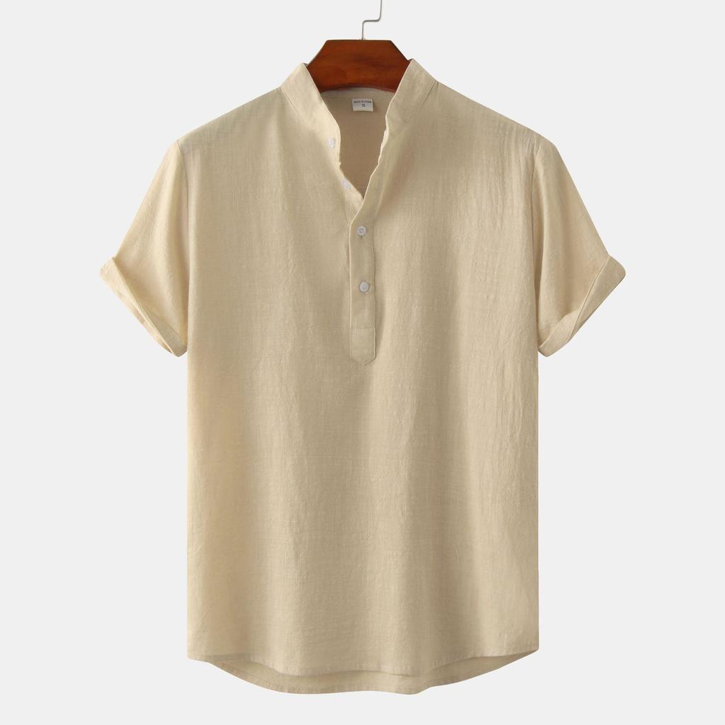 Summer 2024 Bestseller: Men's Solid Color Cotton Linen Stand Collar Short Sleeve Shirt - European & American Style